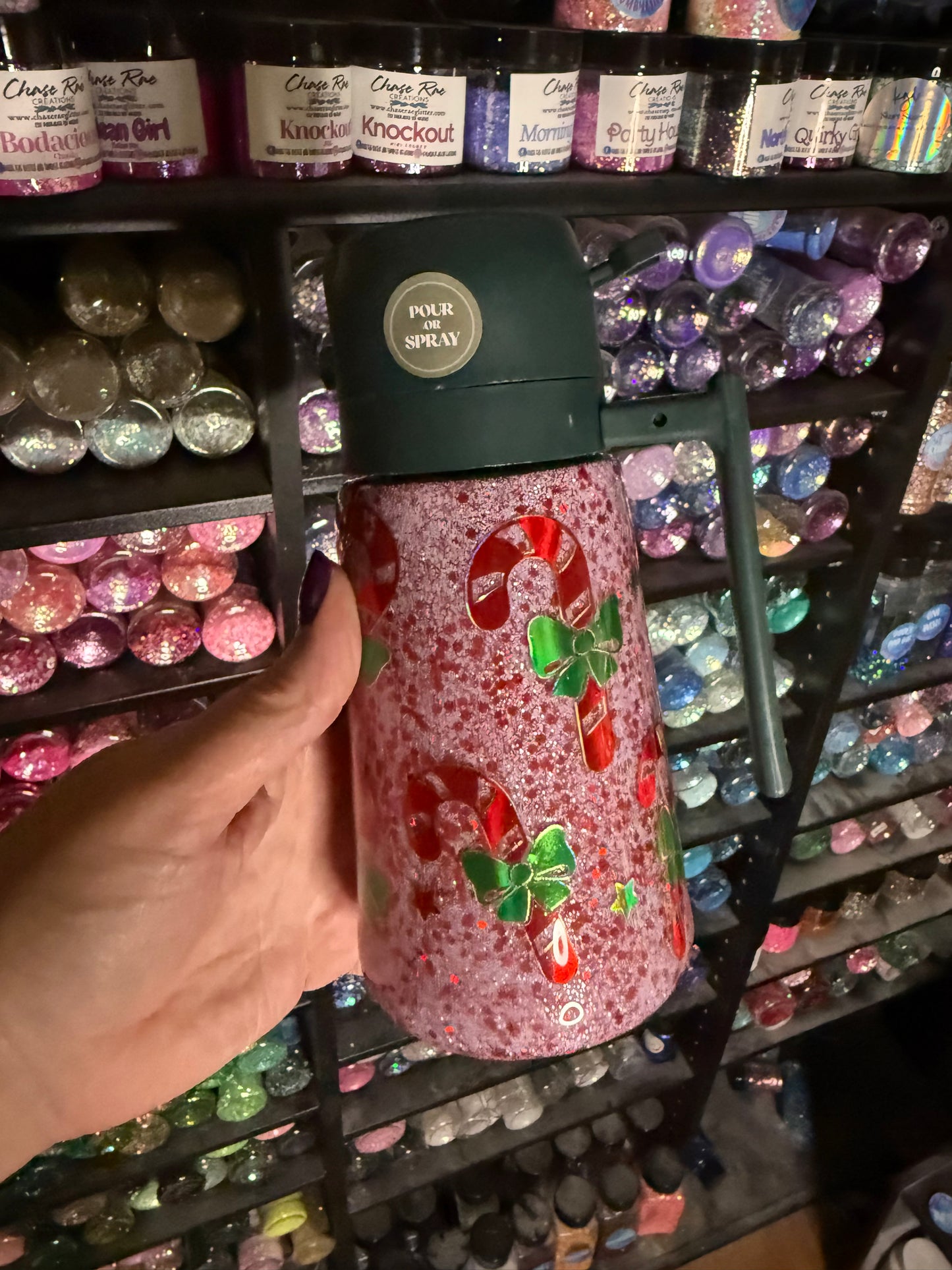 Olive oil spray/pour container candycane