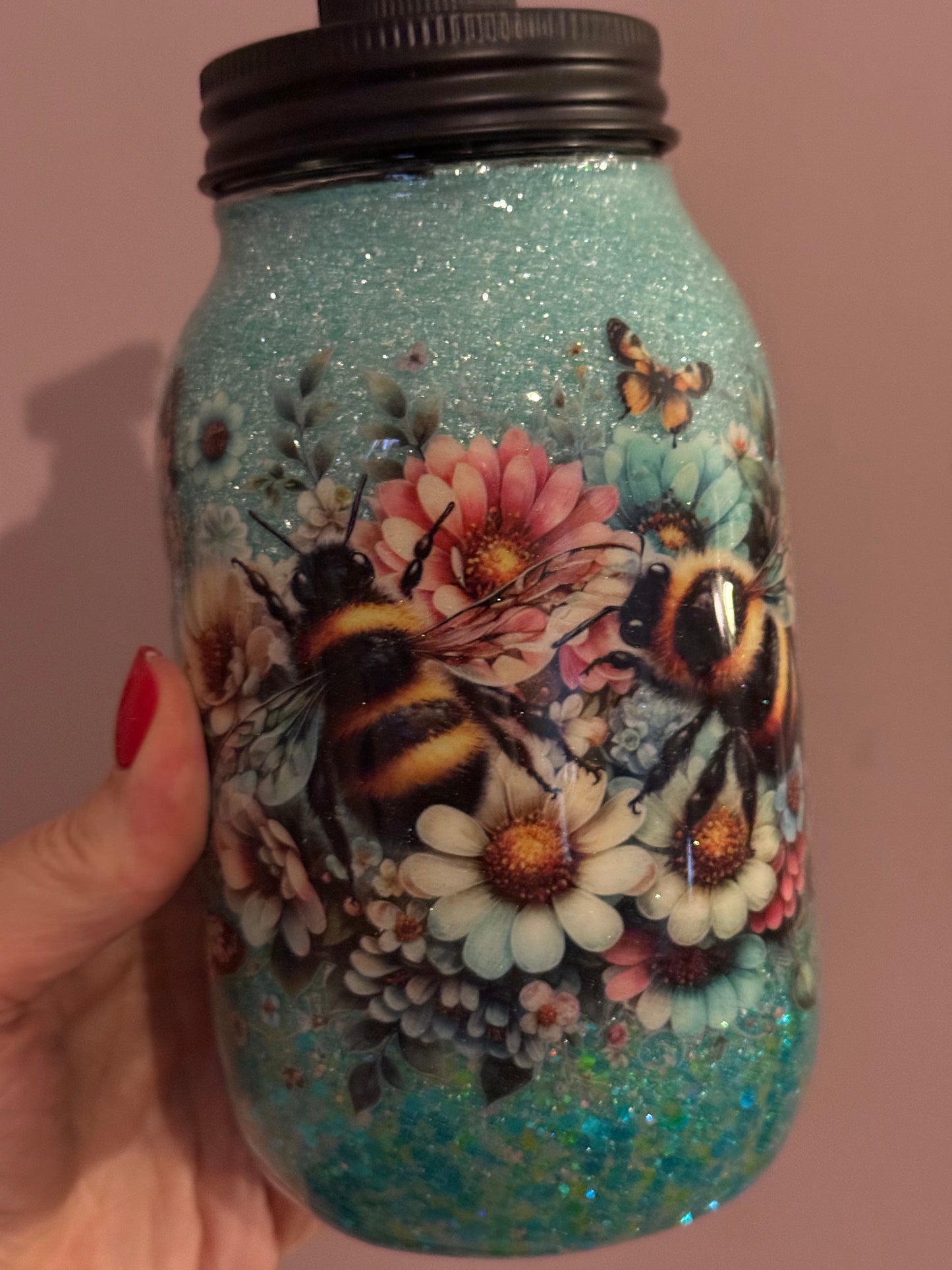 Floral bee dishsoap jar 32oz with pump lid
