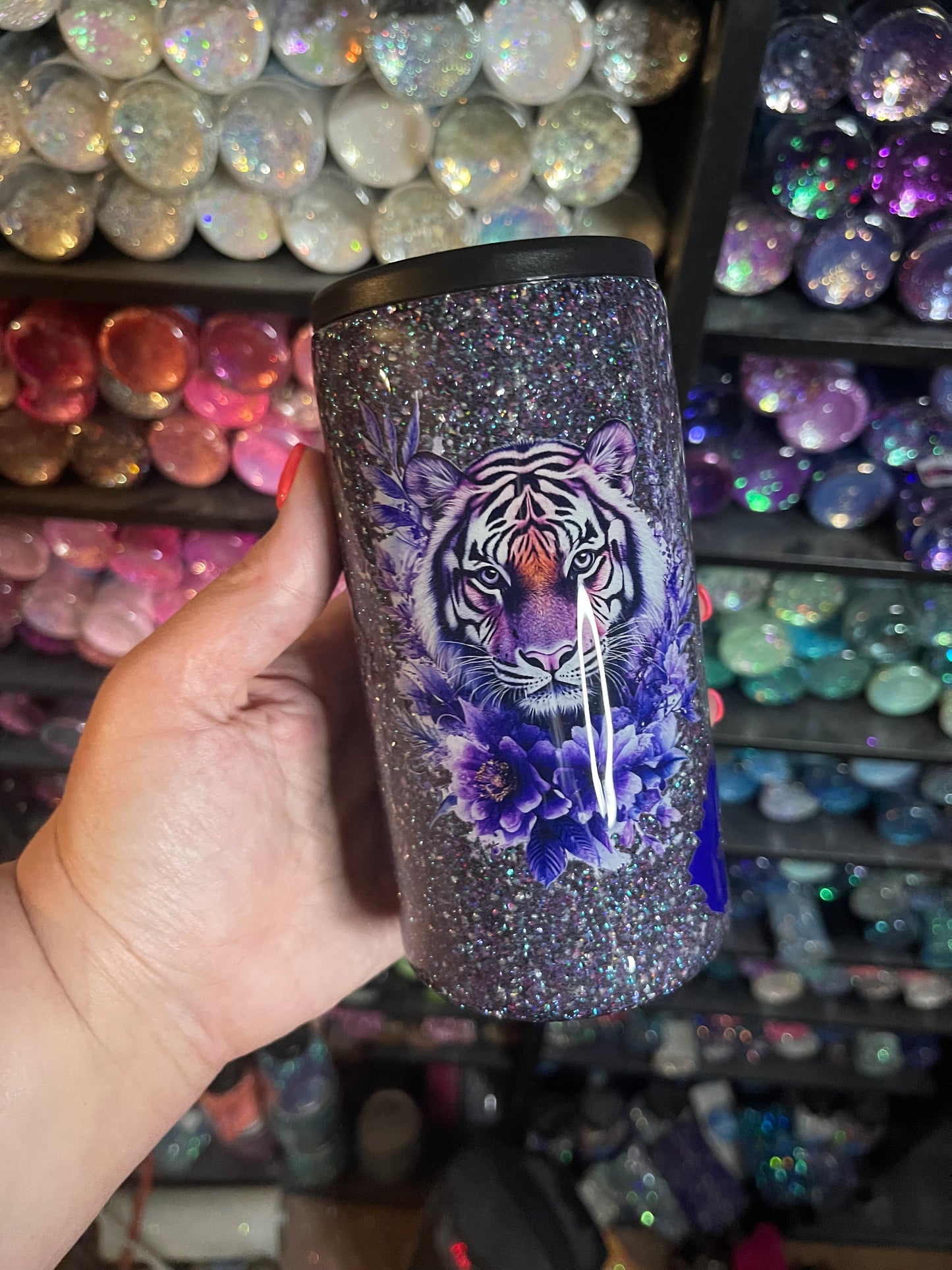 12oz skinny purple tiger koozie