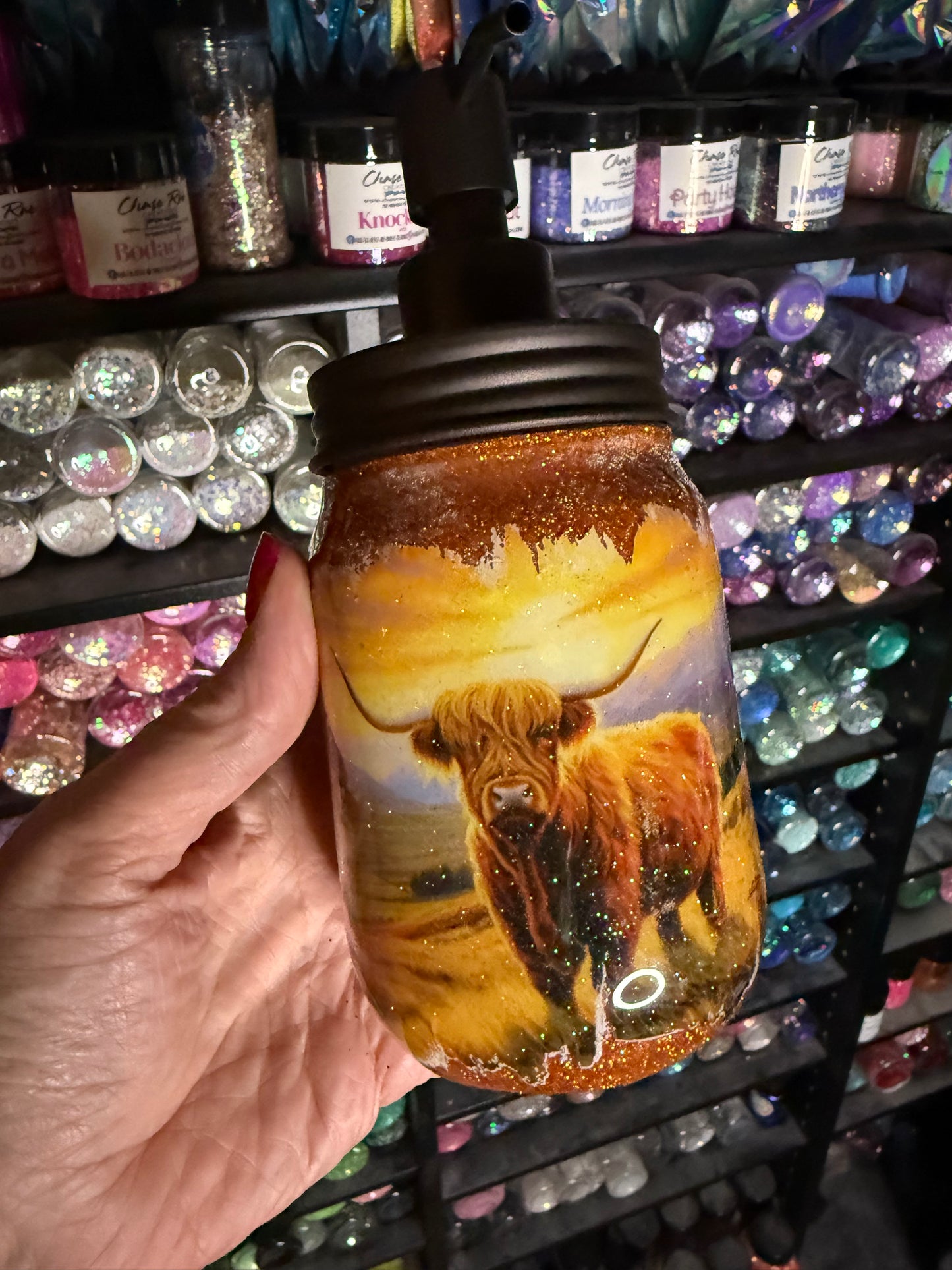 Highland cow soap jar