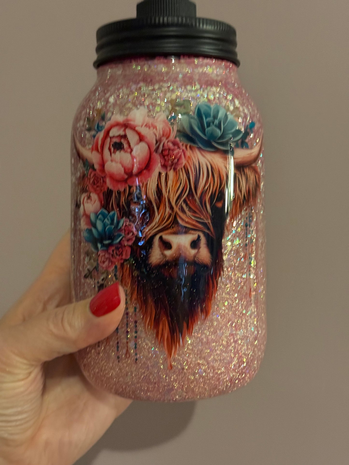 Pink highland cow dishsoap jar 32oz with pump lid