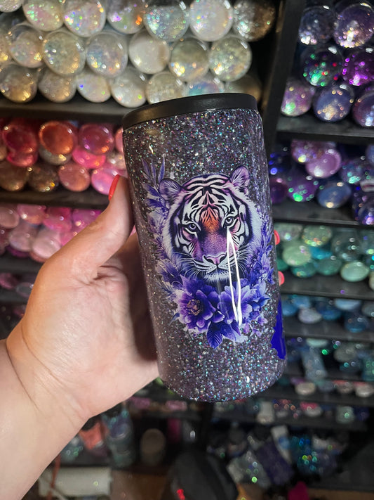 12oz skinny purple tiger koozie