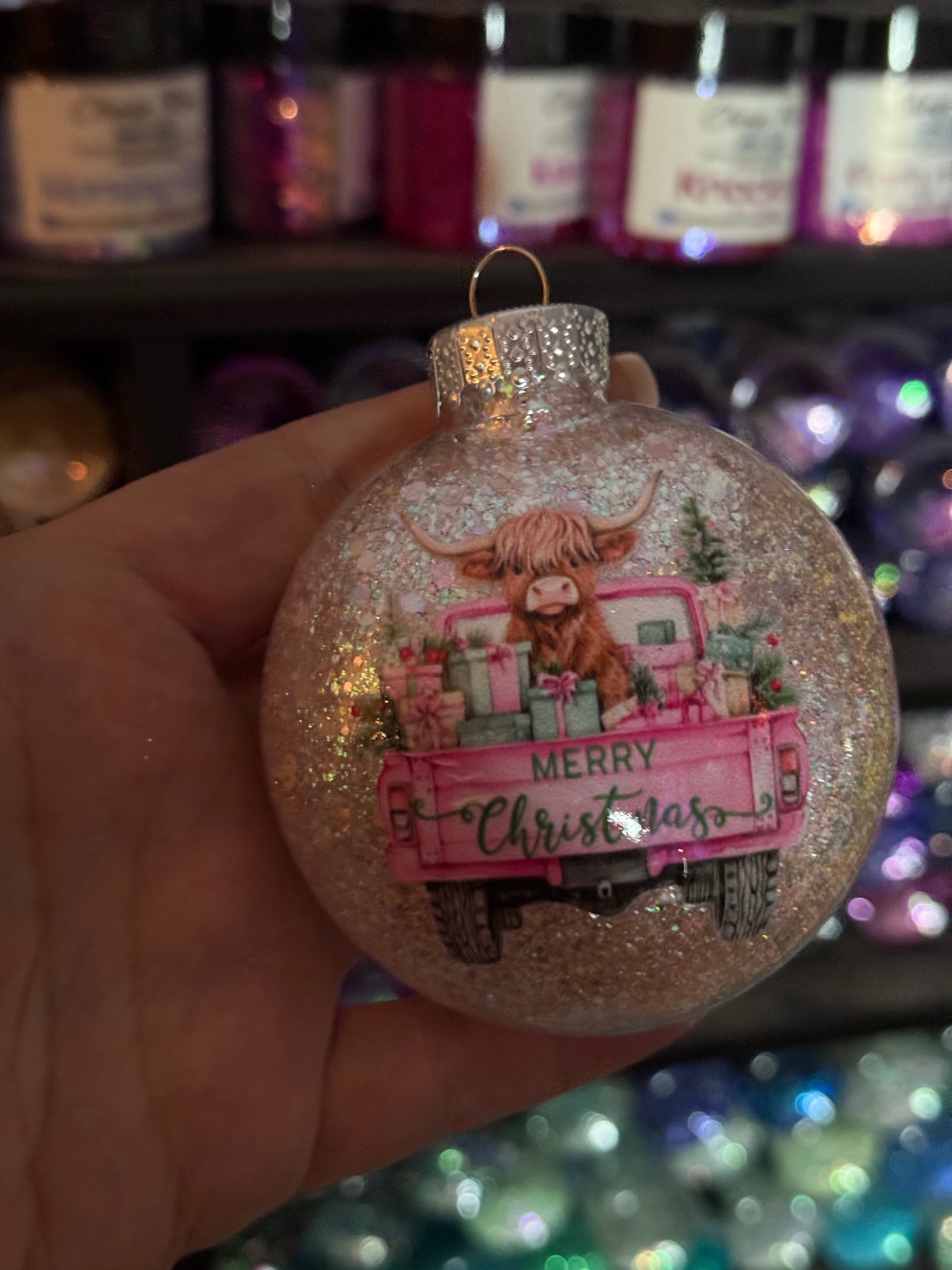 Highland cow Christmas truck ornament