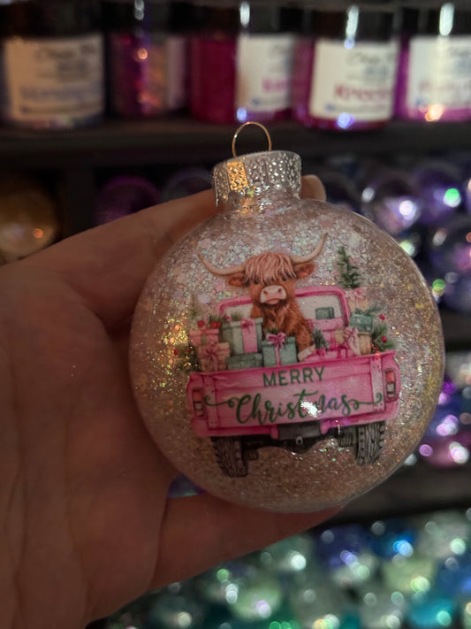 Highland cow Christmas truck ornament