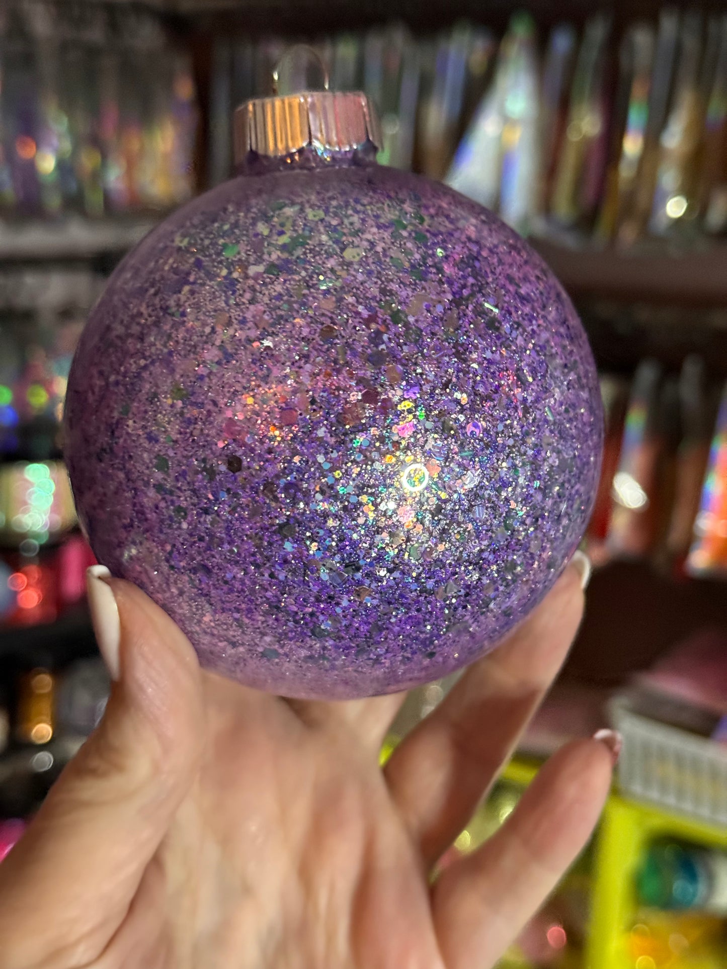 Purple glittered ornament 4in
